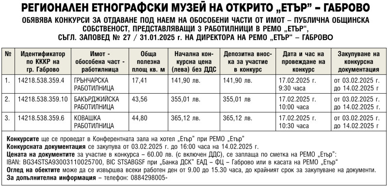 Снимка за РЕМО "Етър" обявява конкурс за отдаване под нае...